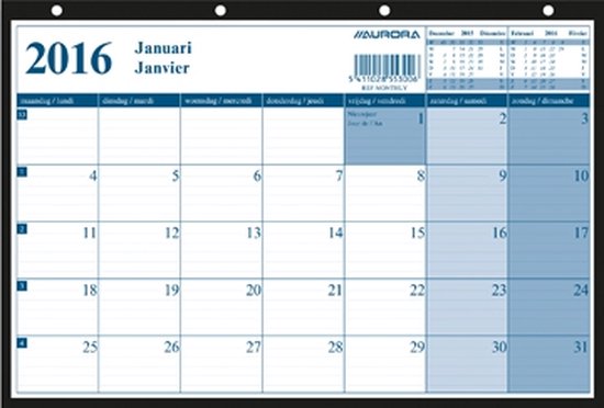 Calendrier Aurora 2016, mois de janvier. Jours de la semaine en néerlandais et en français.