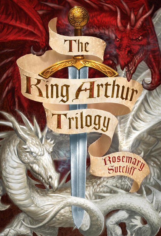 De King Arthur Trilogy, met een zwaard en twee draken, rood en wit.