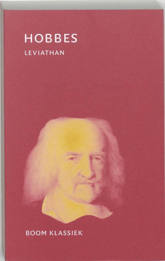 Couverture du livre 'Hobbes Leviathan' sur fond rouge avec un portrait de Hobbes en teintes jaunes et roses. 'BOOM KLASSIEK' en bas.