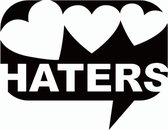 Zwarte Love Haters sticker - sticker met harten en woord haters - gek aanstekerige sticker - 15,2 x 11,8 cm - aut 118