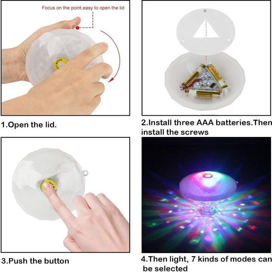 Instructies voor LED-zwembadlicht: open deksel, plaats batterijen, sluit schroeven, druk op knop voor 7 lichtstanden.