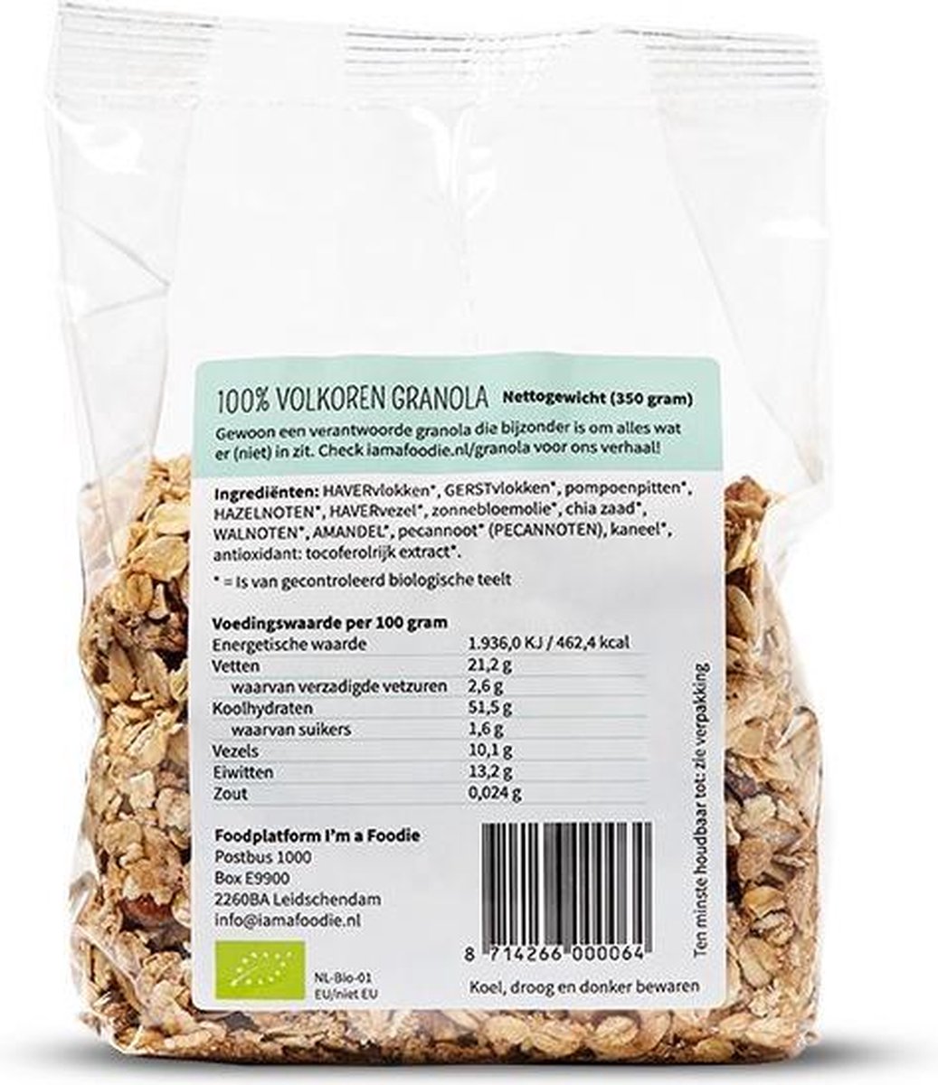 I'm a Foodie Volkoren Granola. Zonder toegevoegd suiker * geen zout