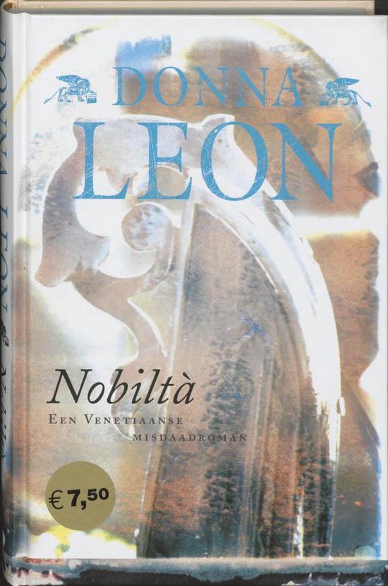 Livre 'Nobilta' de Donna Leon avec texte et lion vénitien.