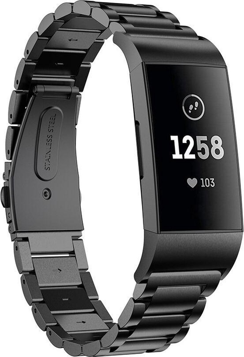 KELERINO. Metalen bandje geschikt voor Fitbit Charge 3 / Charge 4 - Schakel - Zwart