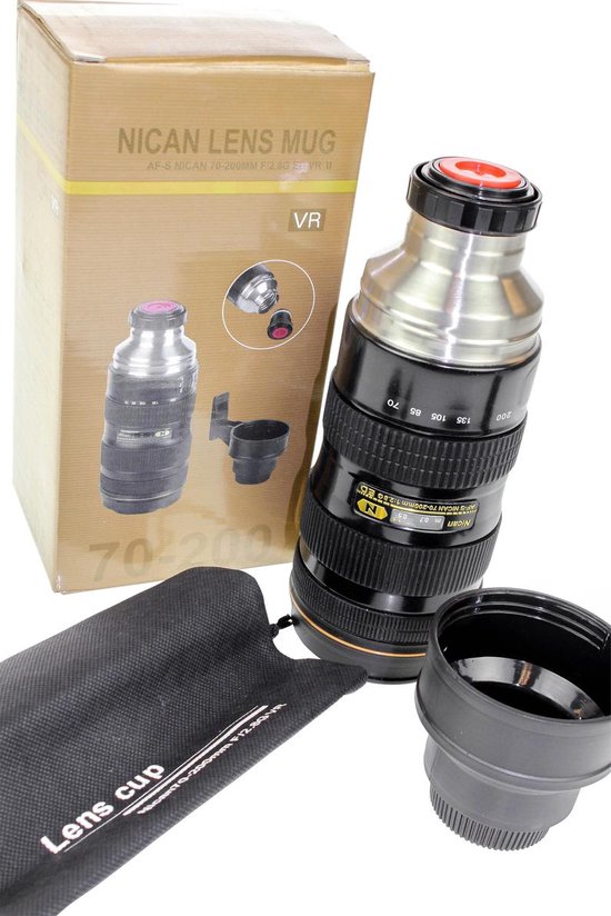 Nican Lens Mug thermosfles, mok, draagtas en doos, op witte achtergrond.