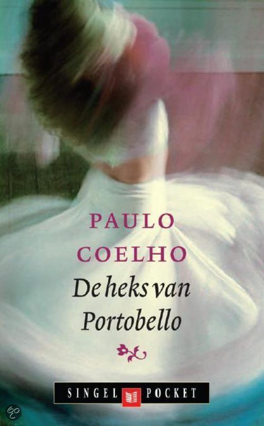 Boekcover 'De Heks van Portobello' van Paulo Coelho met een wervelende vrouw in een witte jurk en roze accenten.