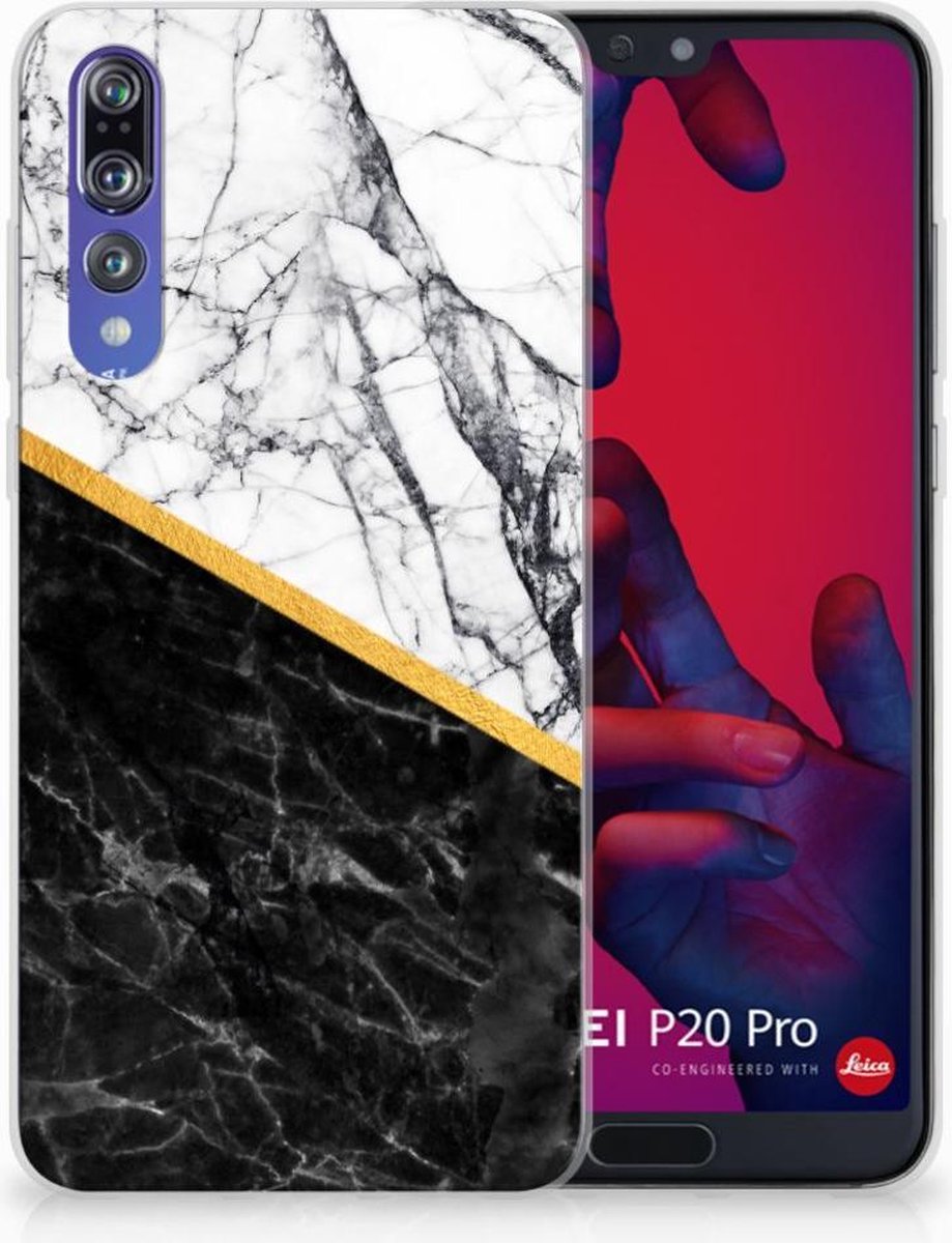 Huawei P20 Pro TPU Siliconen Hoesje Marmer Wit Zwart - Origineel Cadeau Man