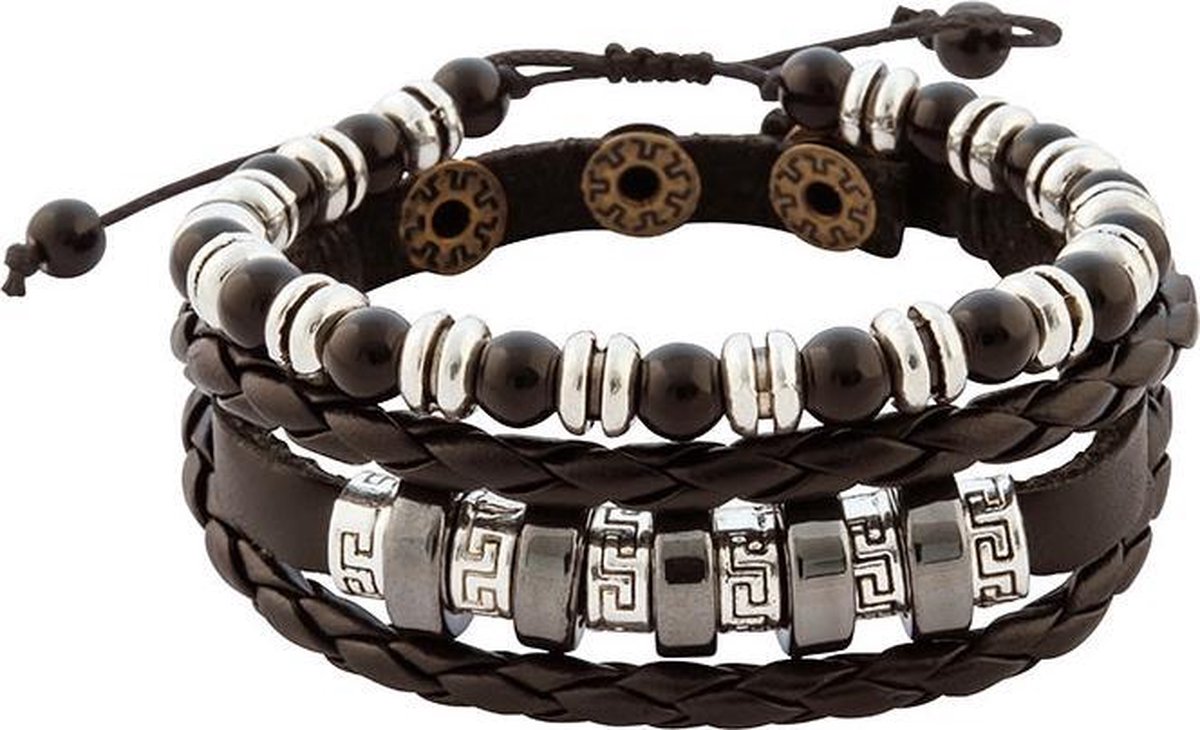 Zwart gevlochten leren armband uit Tibet met kralen in lengte verstelbaar - 17 - 18 en 19 cm - Wereldse Juwelen