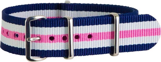 Premium Navy Blue White Pink - Nato strap 20mm - Stripe - Horlogeband Blauw Wit Roze