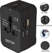 Siston Universele Wereldstekker met 2 USB Poorten – Zwart - Internationale Reisadapter Voor meer dan 150 landen - Engeland (UK) - Amerika (USA) - Australië - Azië - Zuid Amerika - Reisstekker