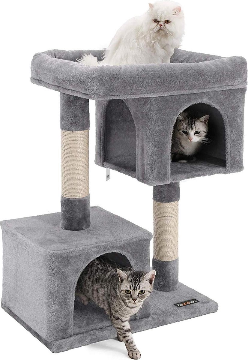 Katten Krabpaal met Aparte Huisjes en Hoge Kat Mand - 60x40x84cm - Grijs - Acaza
