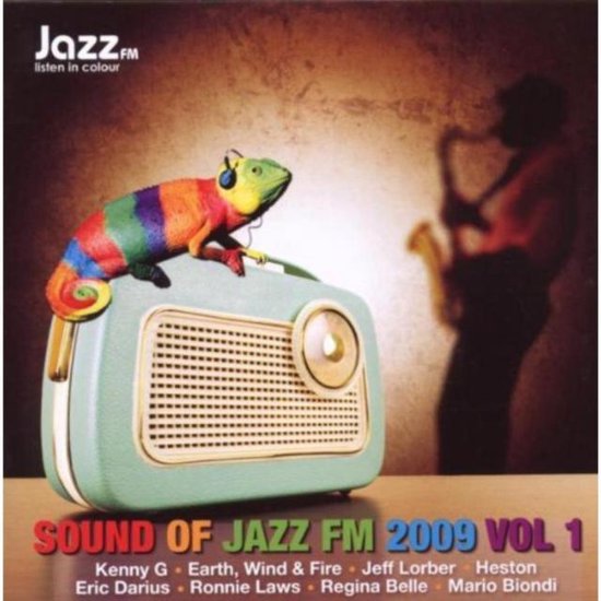 Gekleurd kameleon op mintgroene radio, met "SOUND OF JAZZ FM 2009 VOL 1" tekst en artiesten.