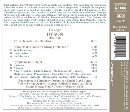 Achterkant van CD-hoes met tracklist, details over George Dyson, opname en persing. Naxos logo.