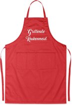 Mijncadeautje Schort - "Grillende Keukenmeid" - opdruk wit -  exclusieve keuken- en barbecueschort - rood