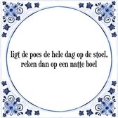 Tegeltje met Spreuk (Tegeltjeswijsheid): Ligt de poes de hele dag op de stoel, reken dan op een natte boel + Kado verpakking & Plakhanger