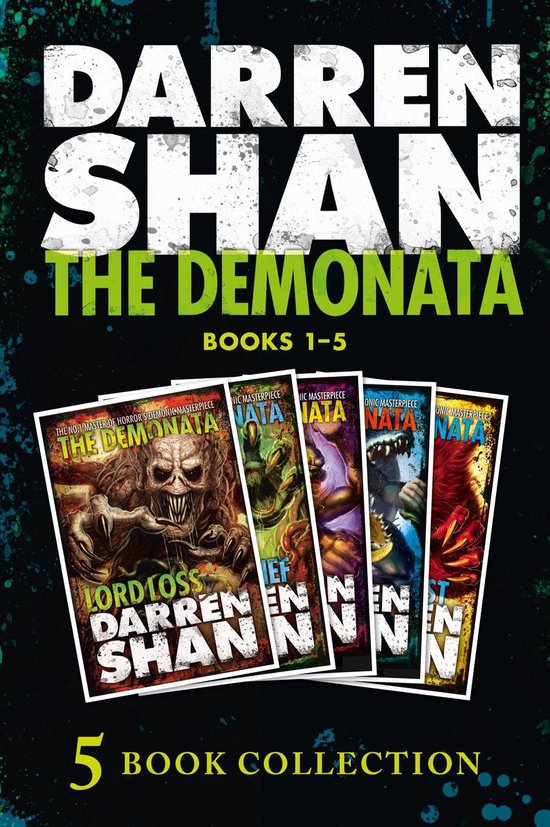 Boekenset 'The Demonata' van Darren Shan, met de eerste 5 boeken. De cover toont een monsterlijke demon en titels in witte en gele letters op een donkere, gespetterde achtergrond.