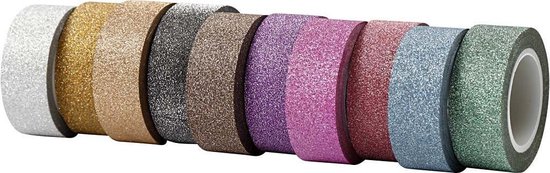 Set van tien rollen glitter tape in diverse kleuren op een rij.