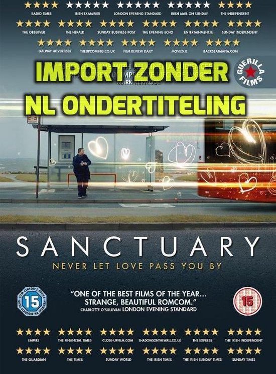 Filmcover met de titel Sanctuary en 'Import Zonder NL Ondertiteling'. Een bushalte met een man bij een bus en hartvormige tekeningen op het glas van de bushalte. Rode bus met hartvormige tekeningen.