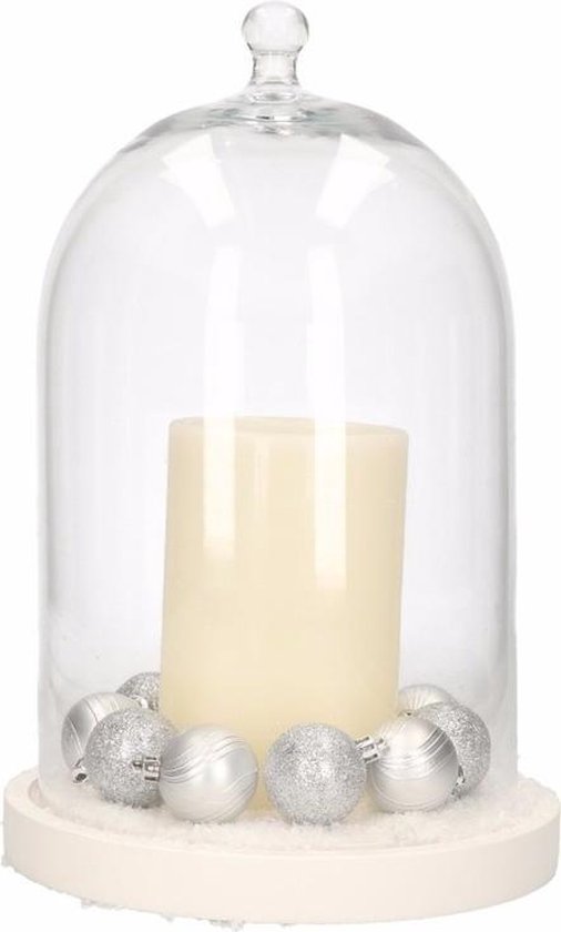 Kerst woondecoratie stolp met LED kaars en zilveren kerstballen