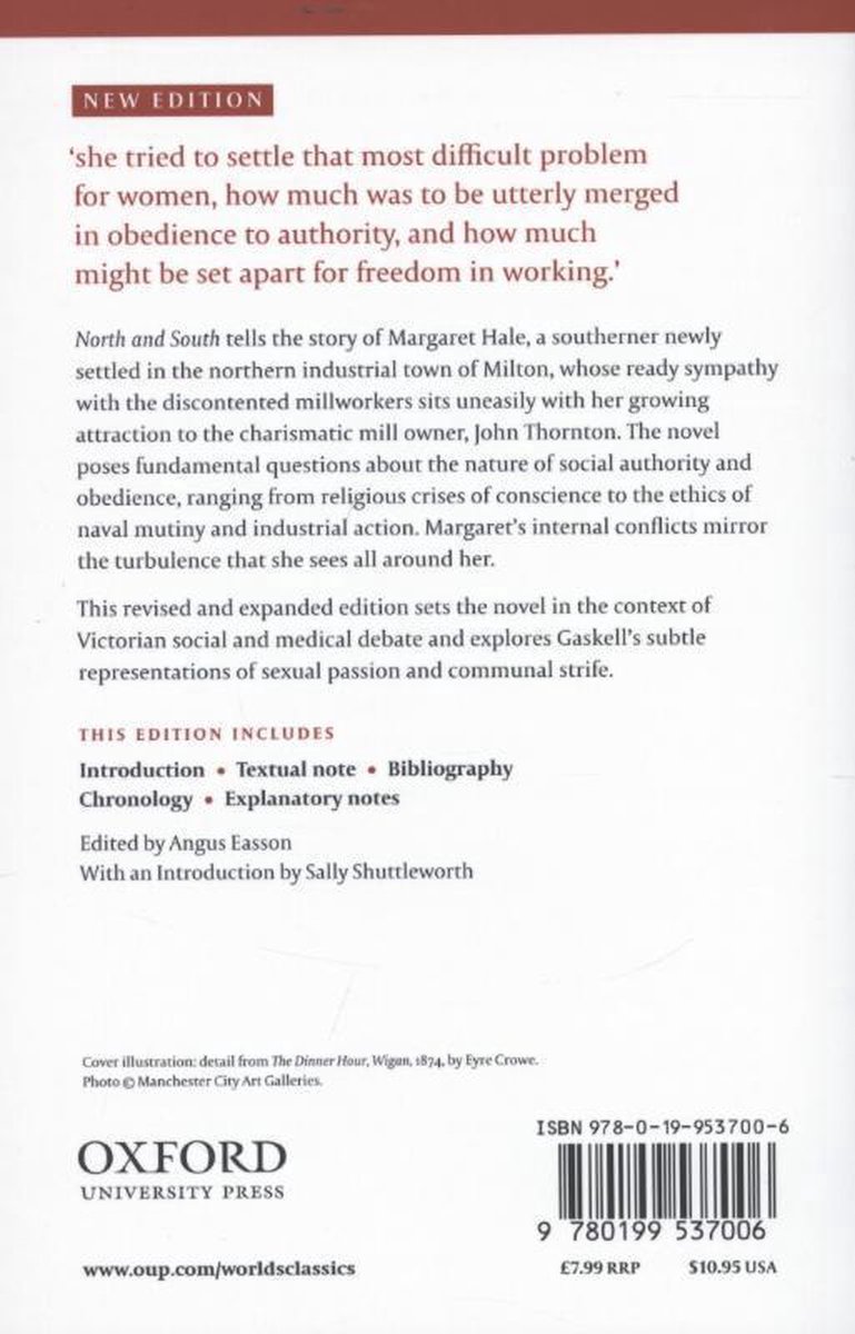 Boekomslag met tekst. Nieuwe editie 'North and South' van Elizabeth Gaskell. Met ISBN.