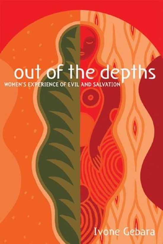 Boekomslag "Out of the depths" met twee helften van een vrouw in rode, oranje en groene tinten. De tekst "out of the depths" is in witte letters.