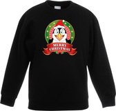 Zwarte kersttrui met een pinguin jongens en meisjes - Kerstruien kind 7-8 jaar (122/128)