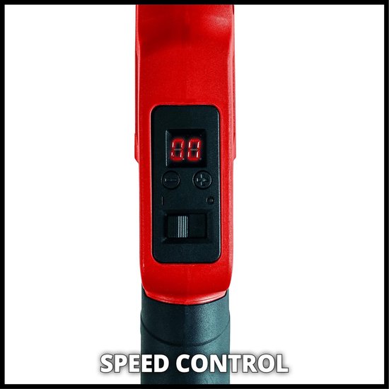 Rood handvat met een zwart bedieningspaneel met een digitaal display (8.8) en bedieningsknoppen. Tekst 'SPEED CONTROL'.