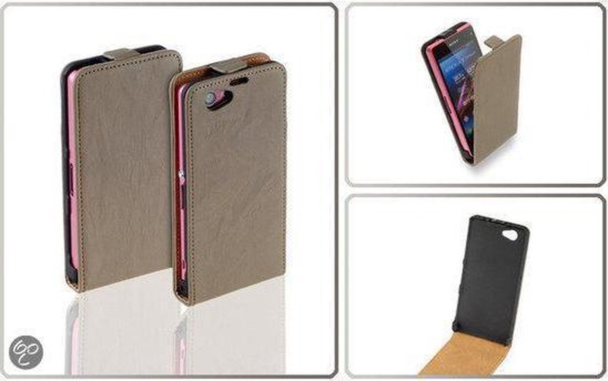Lelycase Vintage Creme Lederen Flip Case Hoesje Sony Xperia Z1 Mini Compact