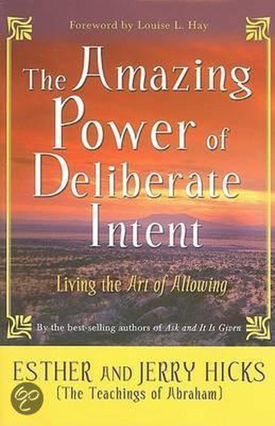 Boekhoes van 'The Amazing Power of Deliberate Intent' met een zonsondergang en tekst 'Living the Art of Allowing' en de namen Esther en Jerry Hicks.