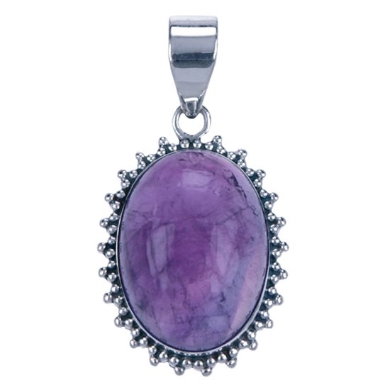 Foto: Zilveren amethyst ovaal met kartelrand ketting hanger