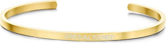 Key Moments 8KM-B00454 - Stalen open bangle met tekst - love is all you need - zirkonia - one-size - cadeau - goudkleurig