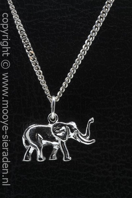 Pendentif éléphant en argent, trompe relevée, sur une chaîne en argent.