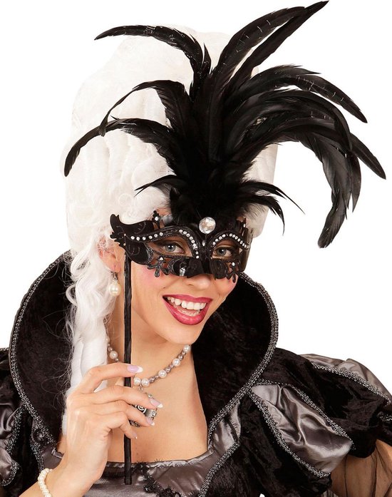 Masker op stok met grote zwarte veren volwassenen - - size" | bol.com