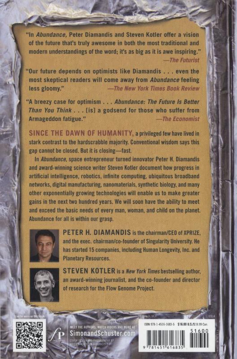 Achterkant van het boek 'Abundance', met citaten en biografieën van de auteurs Peter H. Diamandis en Steven Kotler.