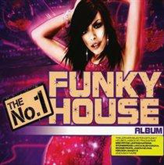 Vrouw in rode jurk met opdruk 'THE FUNKY HOUSE ALBUM - THE NO. 1'.
