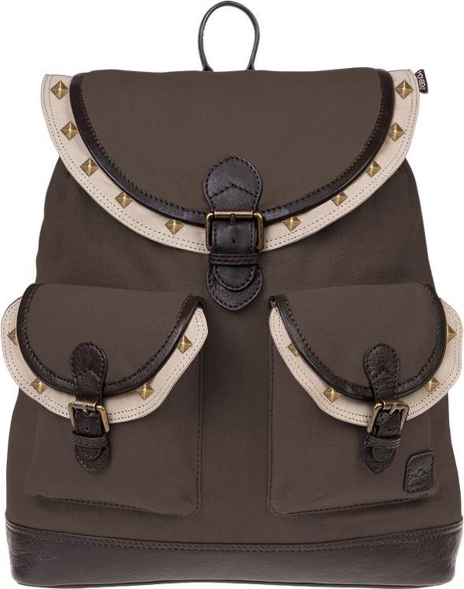 Monbeki Bruine Canvas Rugzak met Beige Kleppen en Vierkante Studs