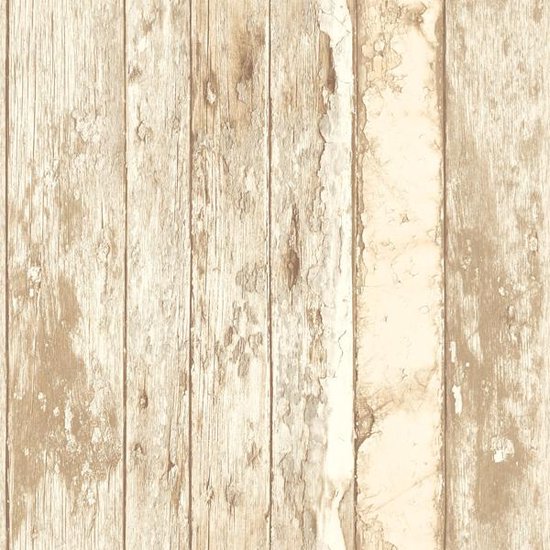 Papier peint beige bois de récupération avec planches verticales et peinture patinée.