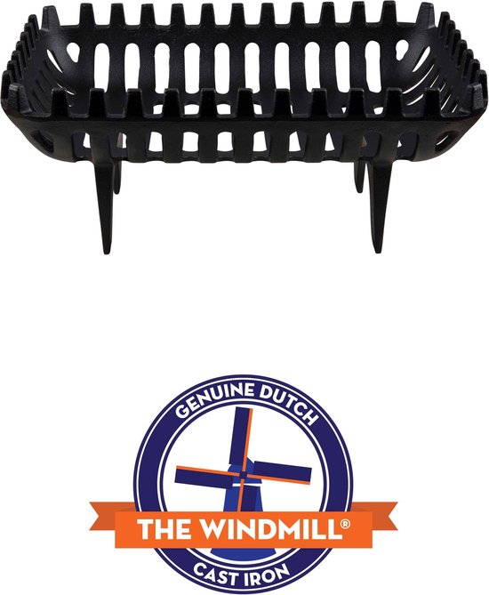 Zwarte gietijzeren vuurkorf met pootjes en een logo met 'The Windmill Cast Iron'.
