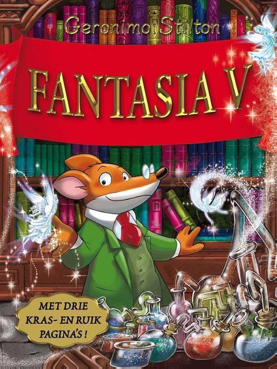 Geromino Stilton draagt een groen jasje en rode das, met feeën en flesjes in een bibliotheek.
