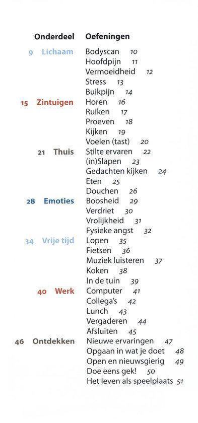 Een wit blad met tekst en een tabel van onderdelen en oefeningen.