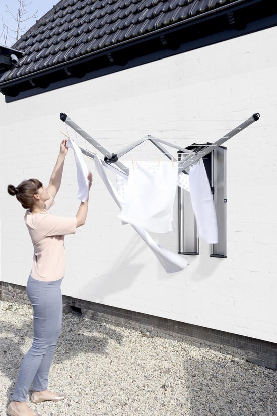 Brabantia WallFix Wanddroogrek - met Opberg-/Beschermbox - 24 m - Metallic Grey