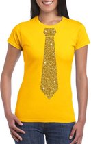 Geel fun t-shirt met stropdas in glitter goud dames L