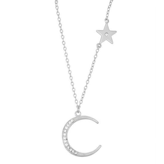 Fate Jewellery Ketting FJ487 – Silver Moon and Star – 925 Zilver met Zirkonia Kristallen – 45cm + 5cm