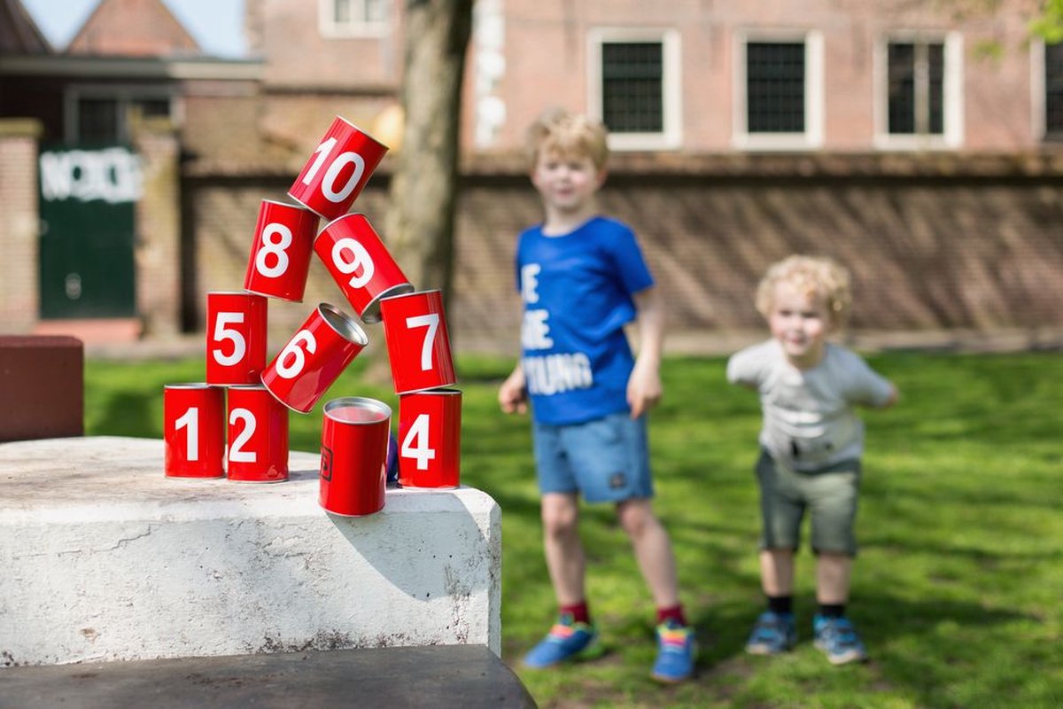 BS Toys Blikgooien Werpspel - Speelgoed Pittenzak Gooien - Kinderspeelgoed vanaf 3 Jaar - Buitenspeelgoed - 10 Blikken - Rood - Spelletjes voor kinderen - Buiten speelgoed - Buitenspel - Buiten Spellen - Tuin Speelgoed - Cadeau kind — afbeelding 4