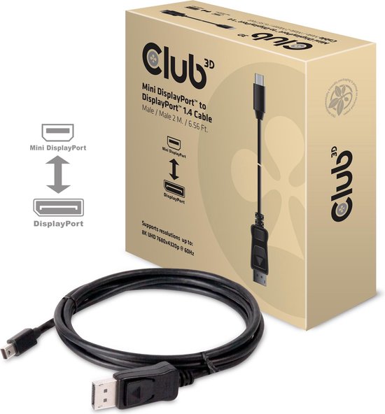 Câble CLUB3D Mini DisplayPort vers DisplayPort 1.4 HBR3 8K60Hz, 2 mètres