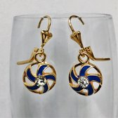 Fashionidea – mooie goudkleurige oorbellen ronde hangers met zirkonia en blauwe accenten