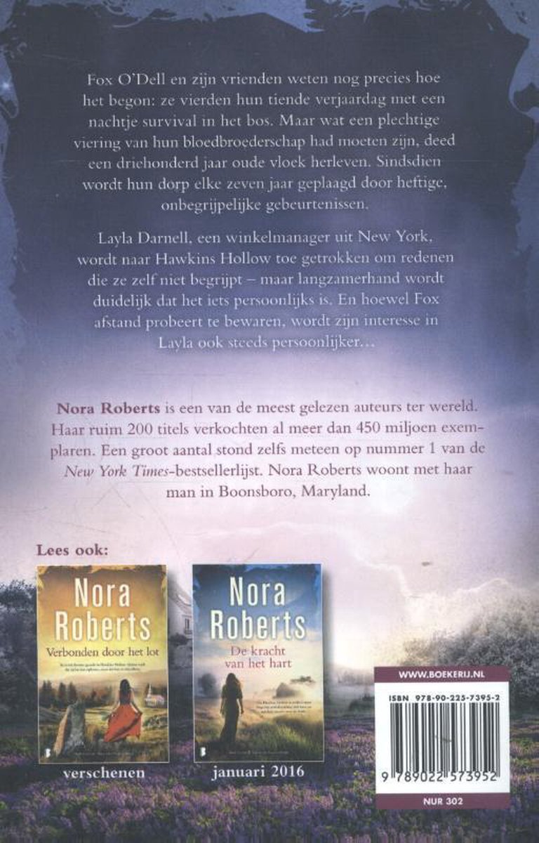 Achterkant boek met tekst en twee boekomslagen: 'Verbonden door het lot' en 'De kracht van het hart'.