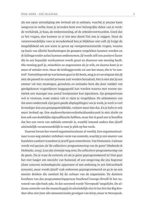 Pagina 11 van het boek 'Mooi Werk' met tekst over werk, controle en organisatiecultuur.