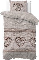 Sleeptime Flanel Hearts Vintage - Dekbedovertrek - Eenpersoons - 140 x 200/220 + 1 kussensloop 60x70 - Taupe