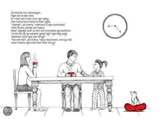 Illustratie van een gezin aan tafel met een klok en een hond. Tekst op de pagina.